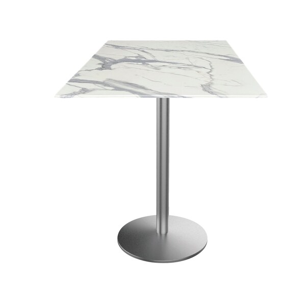 42 Tall OD214 St Steel Table Base w22 Dia foot, 32x32 Square White Marble Top, IndoorOutdoor